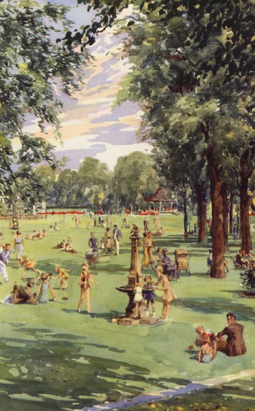 Manchester: I Alexandra Park (farge litho) av English School