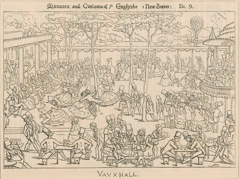 Manerer og skikker hos de engelske; Vauxhall Gardens, London av English School