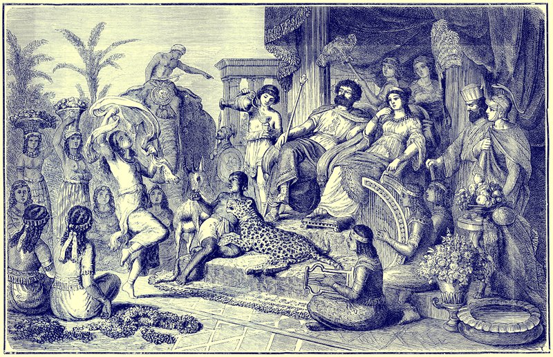 Manerer og skikker i senere Hellas - en festlig husholdning, illustrasjon fra The Illustrated History of the World, utgitt ca. 1880 (digitalt forbedret bilde) av English School