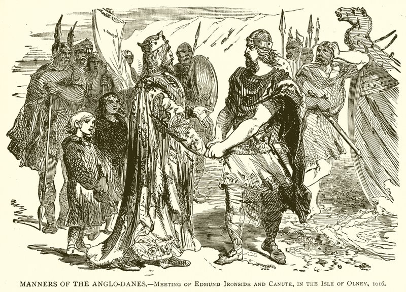 Manner of the Anglo-Danes.--Møte av Edmund Ironside og Knud, på Isle of Olney, 1016 av English School