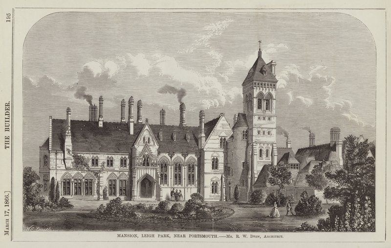 Mansion, Leigh Park, nær Portsmouth, Mr R W Drew, arkitekt (gravering) av English School