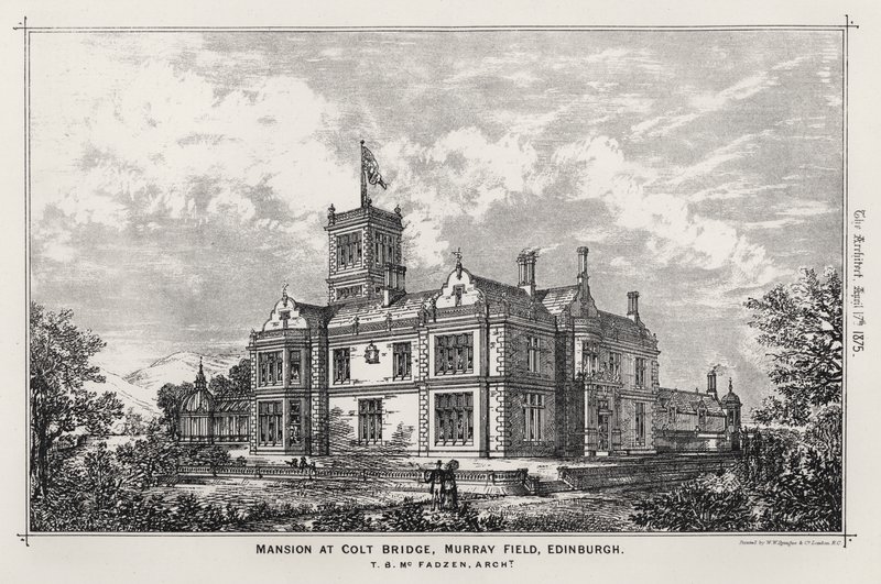 Mansion ved Colt Bridge, Murray Field, Edinburgh (gravering) av English School