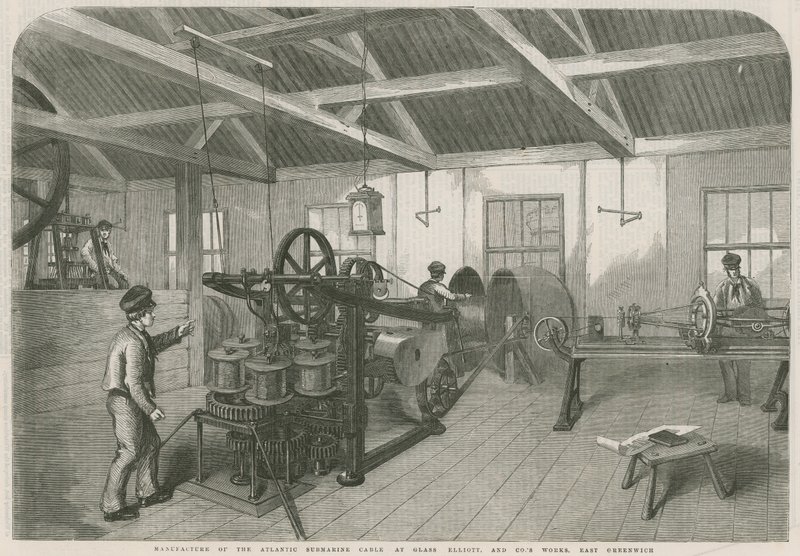 Produksjon av den atlantiske undersjøiske kabelen ved Glass Elliott and Co.s verk, East Greenwich av English School