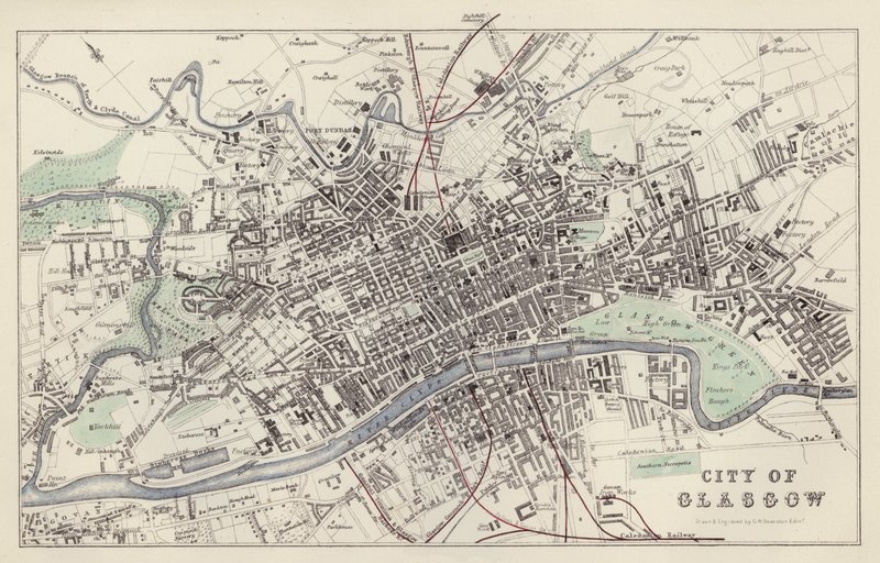 Kart: City of Glasgow, tegnet og gravert av GH Swanston, Edinburgh (farge litho) av English School