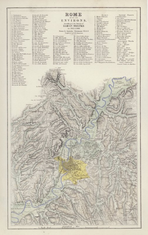Kart: Roma, med dets omgivelser, ifølge undersøkelsen til Baron Moltke, i 1845 og 1846, tegnet av Augustus Petermann (farge litho) av English School