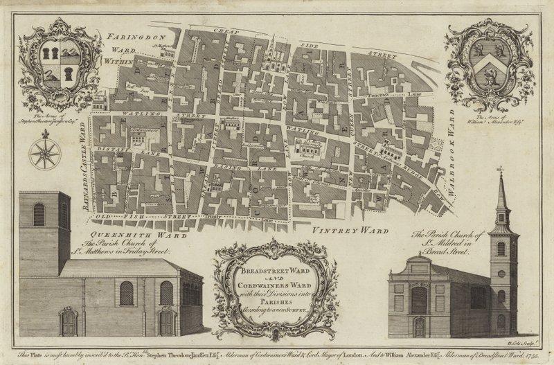 Kart over Bread Street Ward og Cordwainers Ward, London av English School