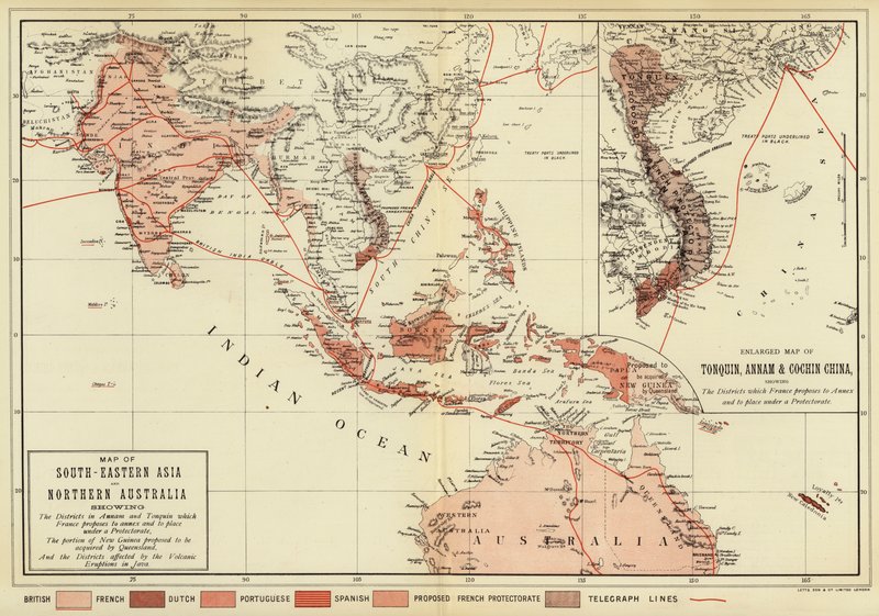 Kart over Sørøst-Asia og Nord-Australia; Forstørret kart over Tonquin, Annam og Cochin Kina (fargebilde) av English School