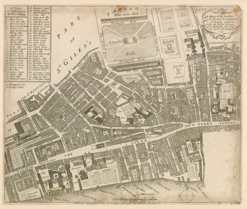 Kart over St Clements Danes og St Mary Savoy, London, med Rolls Liberty og Lincolns Inn av English School