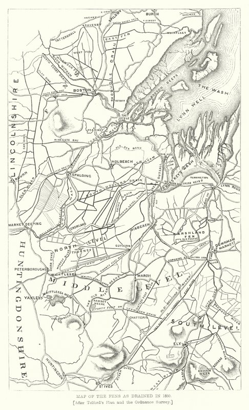Kart over Fens som drenert i 1830 (gravering) av English School