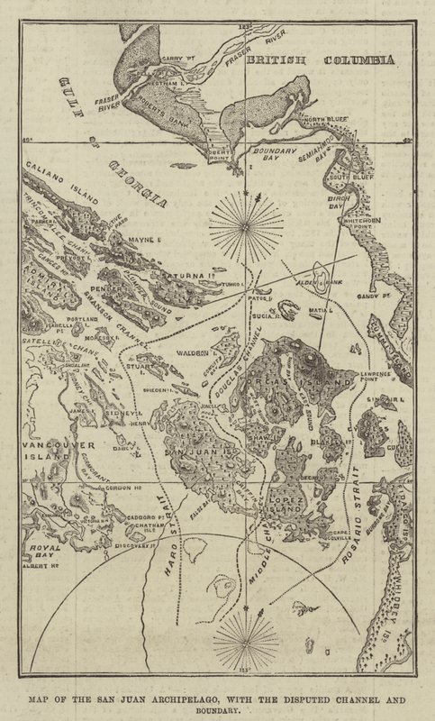 Kart over San Juan-skjærgården, med den omstridte kanalen og grensen (gravering) av English School