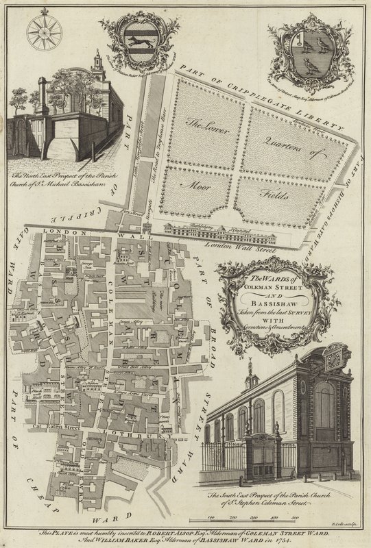 Kart over avdelingene i Coleman Street og Bassishaw, London av English School