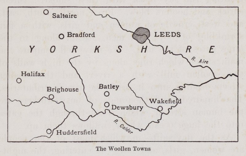 Kart som viser Woolen Towns of Yorkshire (litho) av English School