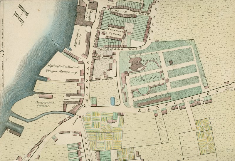 Kart som viser plasseringen til Vauxhall Gardens, London av English School