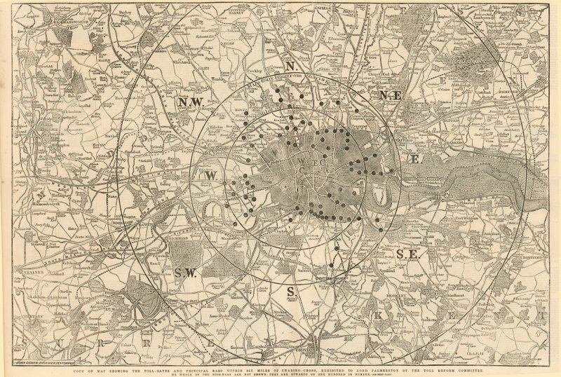 Kart som viser bomportene og hovedstolpene innen 6 miles fra Charing Cross, utstilt til Lord Palmerston av Toll Reform Committee av English School