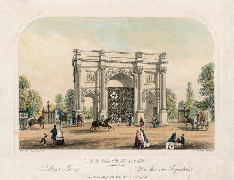 Marble Arch, Oxford Street, London (farget gravering) av English School