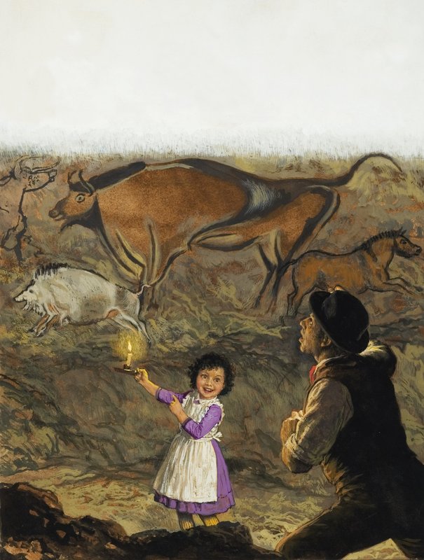 Marcelino Sanz de Sautuola (1831–88) og datteren hans, Maria, oppdager hulemaleriene i Altamira (gouache på papir) av English School
