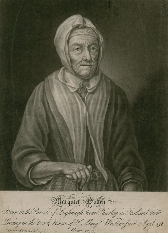 Margaret Patten, nå bosatt i arbeidshuset til St Margarets, Westminster, 138 år gammel av English School