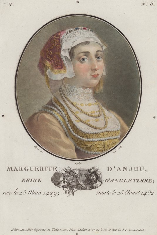 Margaret av Anjou, dronningkonsort av kong Henry VI av England (farget gravering) av English School