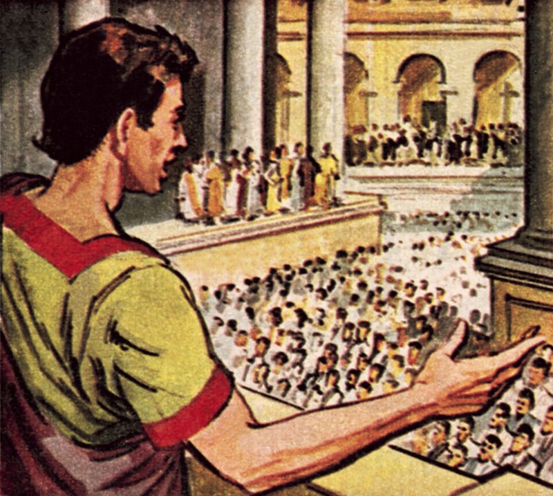 Mark Antony snakker om den myrdede Julius Caesar til folket i Roma av English School
