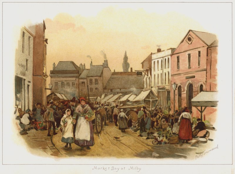 Markedsdag på Milby (farge litho) av English School