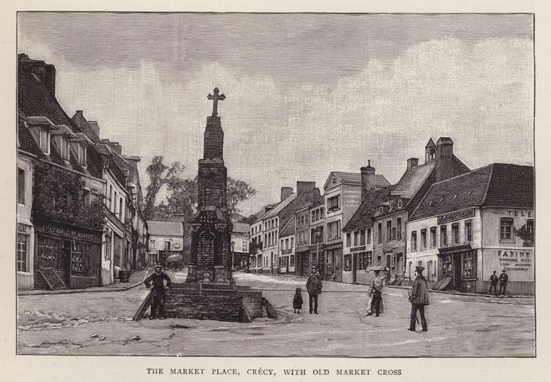 Markedsplass, Crecy, Frankrike, med det gamle markedskorset (litho) av English School