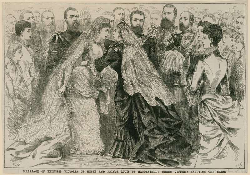 Ekteskap med prinsesse Victoria av Hessen og prins Louis av Battenberg, dronning Victoria hilser bruden, 16. mai 1884 av English School