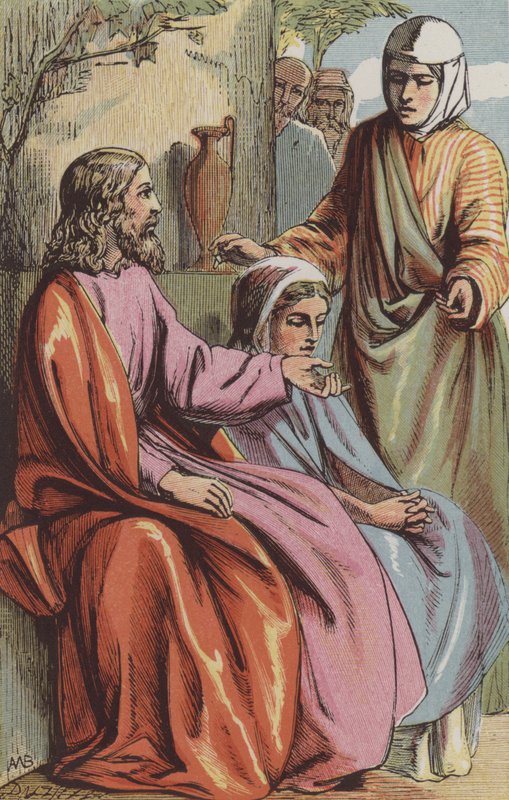 Martha ber vår Herre om å be Mary hjelpe henne (farget gravering) av English School