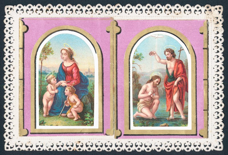 Maria, Jesus og engler, julekort av English School