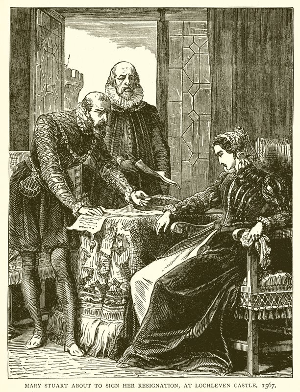Mary Stuart om Sign her resignation, på Lochleven Castle, 1567 av English School