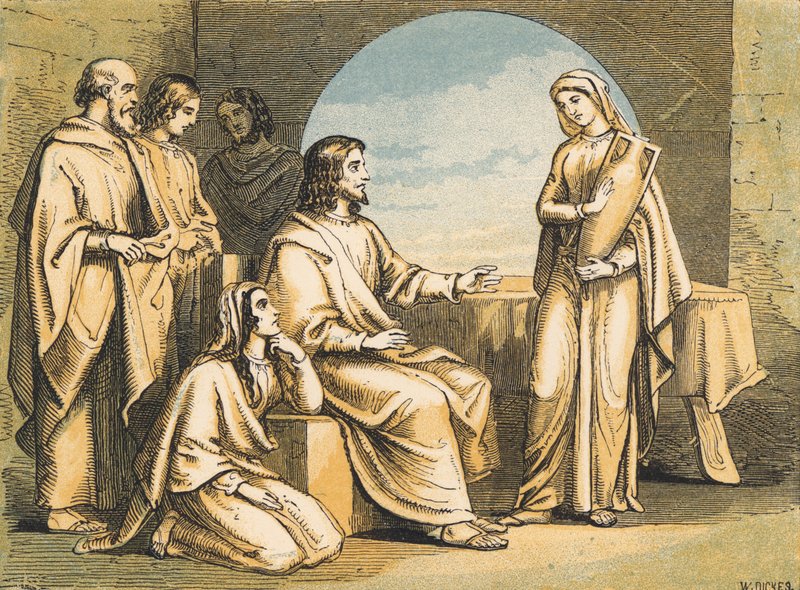 Maria ved Jesu føtter (farget gravering) av English School
