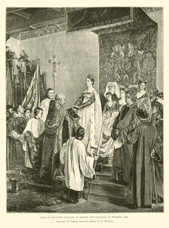 Maria av Burgund som sverger å respektere privilegiene til Brussel, 1477 av English School