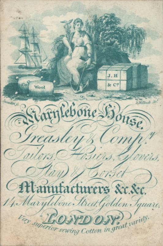 Marylebone House, Greasley & Co, skreddere, strømper, hansker, stag og korsettprodusenter, 14 Marylebone Street, Golden Square, handelskort av English School