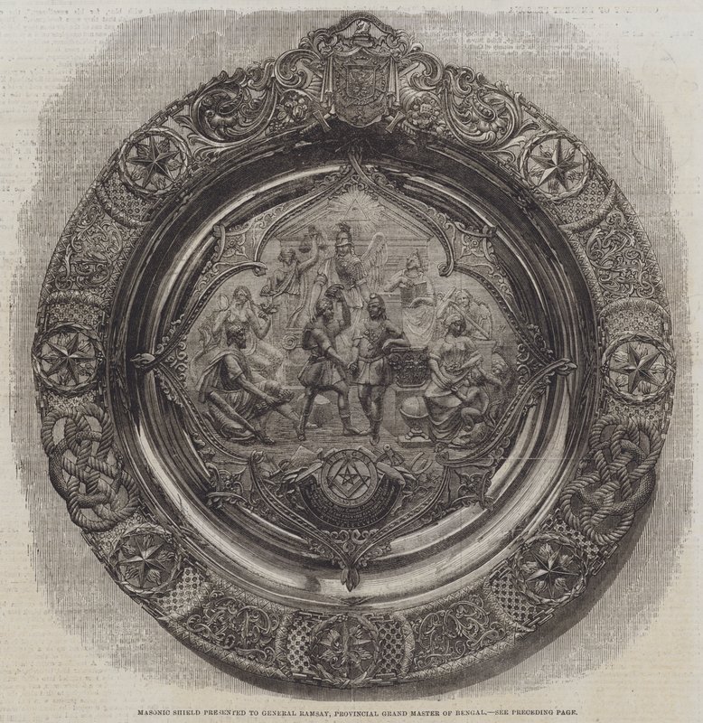Masonic Shield presentert for general Ramsay, provinsiell stormester i Bengal (gravering) av English School