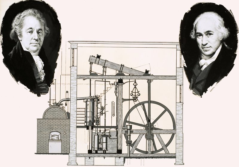 Matthew Boulton og James Watt med en av de patenterte dampmotorene av English School