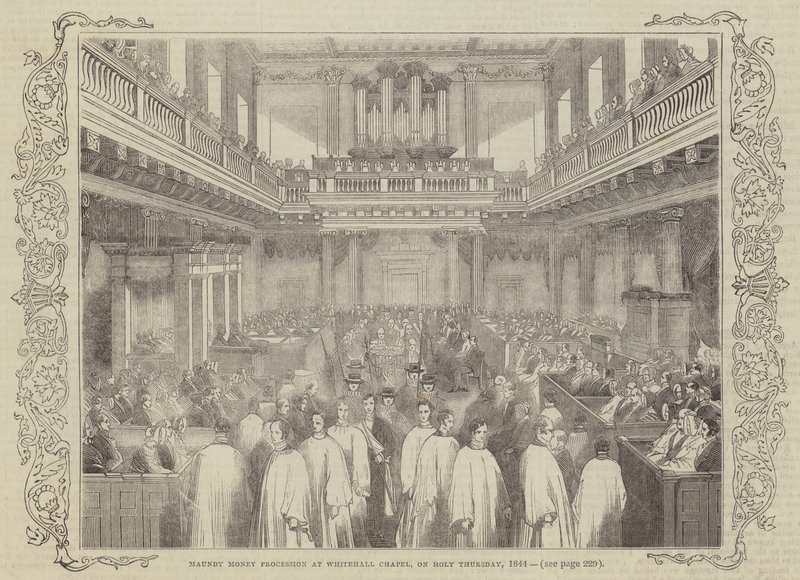 Maundy Money Procession ved Whitehall Chapel, på hellig torsdag, 1844 av English School