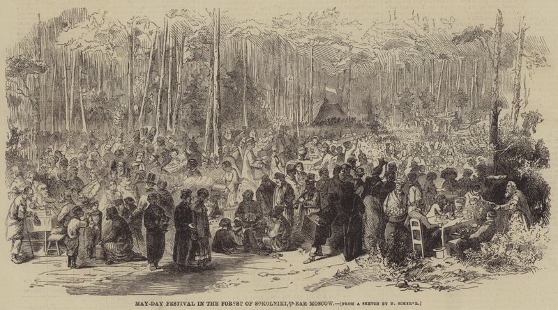 mai-festival i Sokolniki-skogen, nær Moskva (gravering) av English School