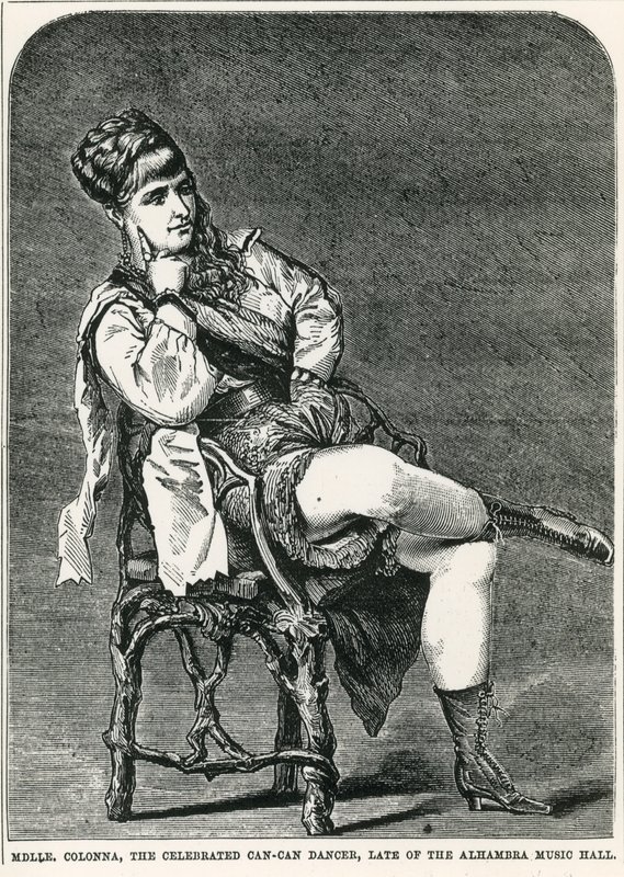 Mdlle Colonna, den berømte can-can-danseren, sent i Alhambra Music Hall, London av English School