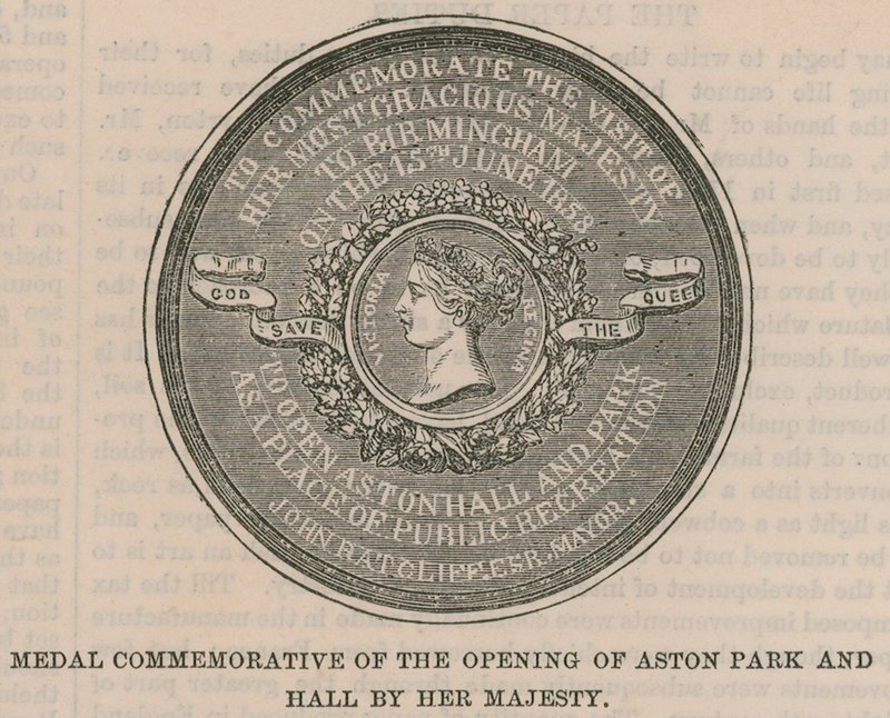Medalje til minne om åpningen av Aston Park og Hall av Hennes Majestet av English School