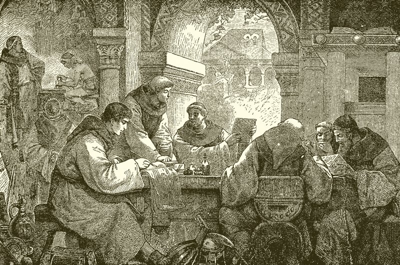 Middelalderkultur - munker i et kloster som belyser og transkriberer bøker av English School