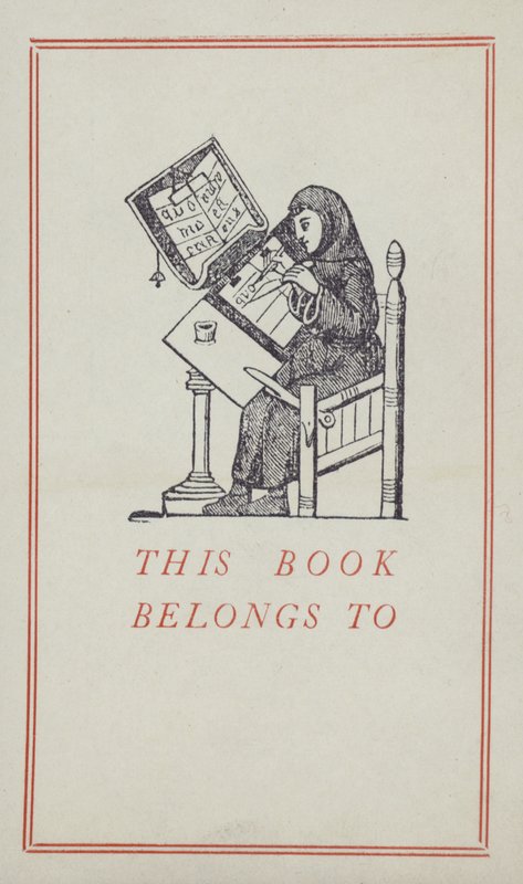 Middelalderskribent jobber med et manuskript, bokeierskapsetikett (farge litho) av English School