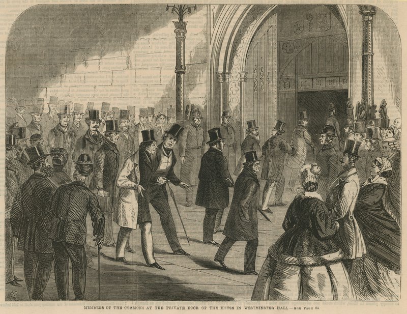 Medlemmer av Commons ved den private døren til huset i Westminster Hall av English School