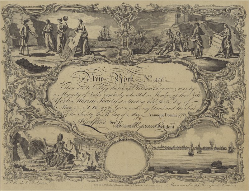 Medlemskapsbevis for New York Marine Society, 1773 av English School