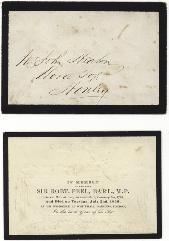 Minnekort til minne om avdøde Sir Robert Peel av English School