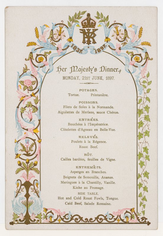 Meny for dronning Victorias middag mandag 21. juni 1897, dagen før hennes diamantjubileum av English School