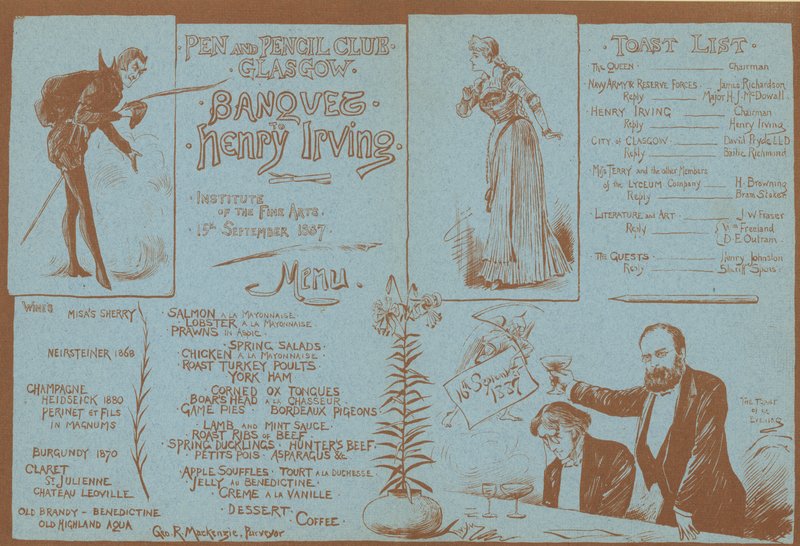 Meny for en bankett til ære for Henry Irving, Pen and Pencil Club, Glasgow, 15. september 1887 av English School