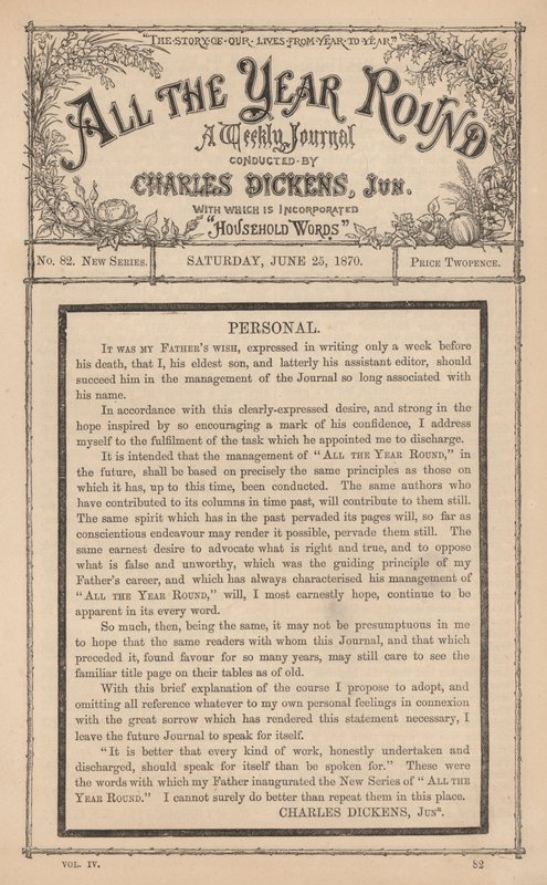 Melding fra Charles Dickens Junior i ukebladet All The Year Round, etter farens død av English School