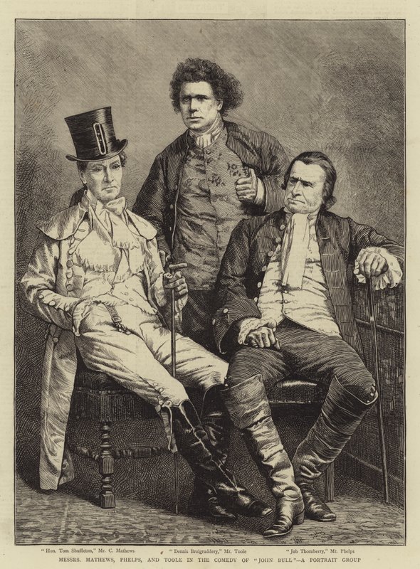 Messers Mathews, Phelps og Toole i komedien til "John Bull", en portrettgruppe (gravering) av English School