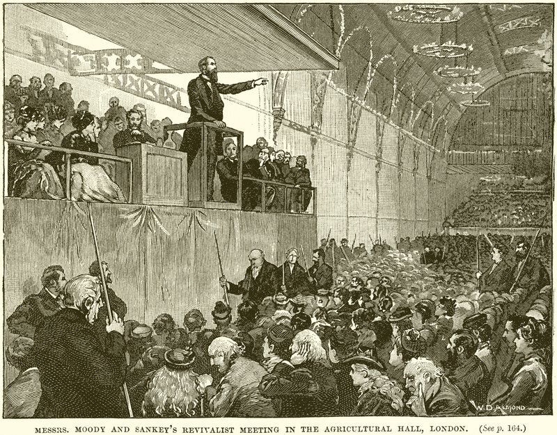 Herrer Moody og Sankeys Revivalist-møte i Agricultural Hall, London av English School