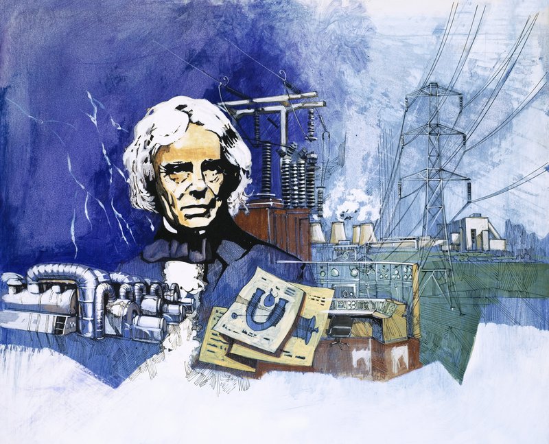 Michael Faraday med elektrisk kraftstasjon i bakgrunnen av English School