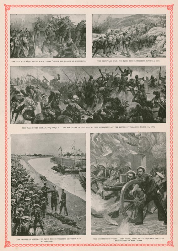 Militære aksjoner som involverte britiske sjømenn under dronning Victorias regjeringstid: Zulu-krigen, Boer-krigen, Mahdist-opprøret i Sudan, Boxer-opprøret og den anglo-egyptiske krigen (fotogravyr) av English School